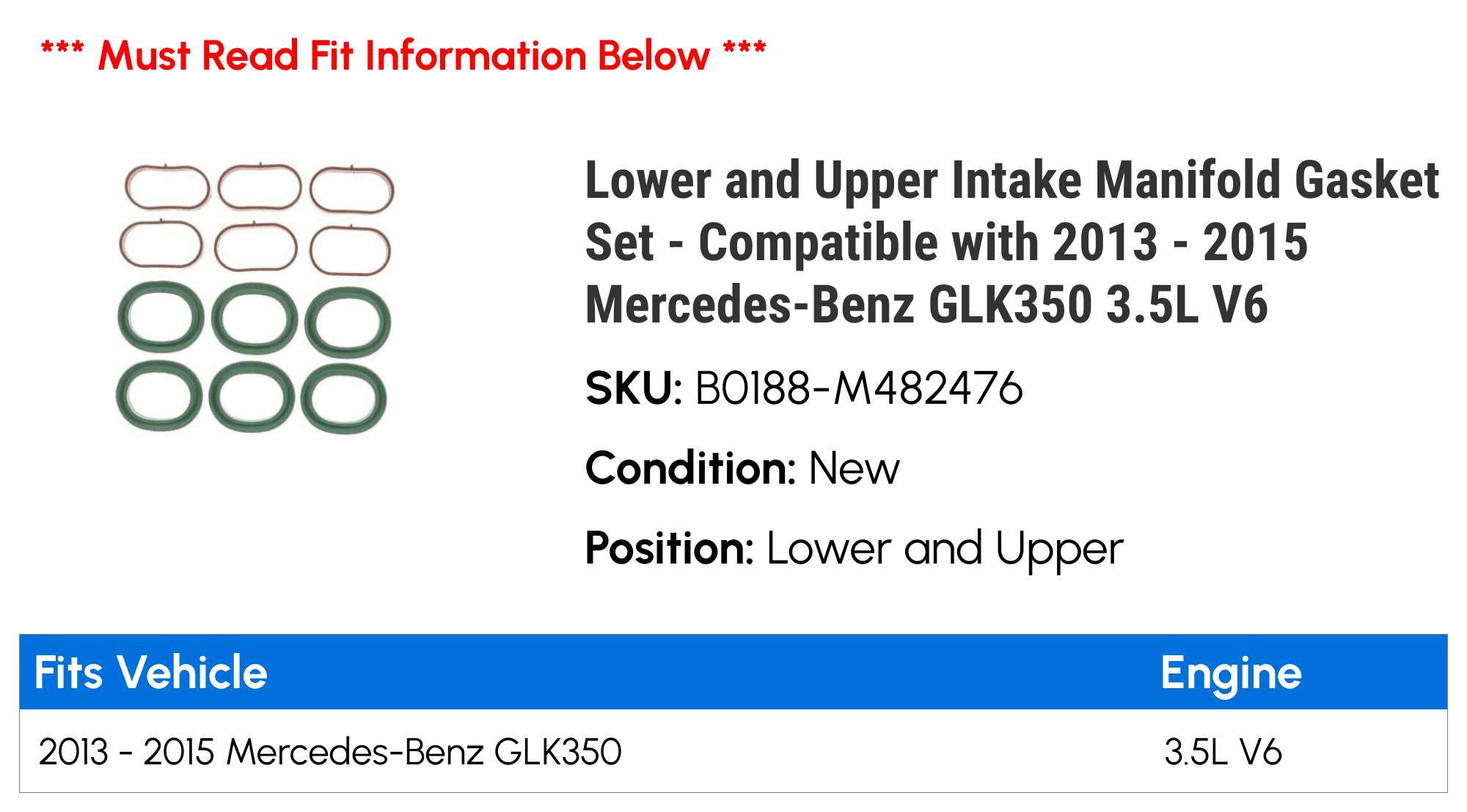 Lower and Upper Intake Manifold Gasket Set - Compatible with 2013 - 2015 Mercedes-Benz GLK350 3.5L V6 2014