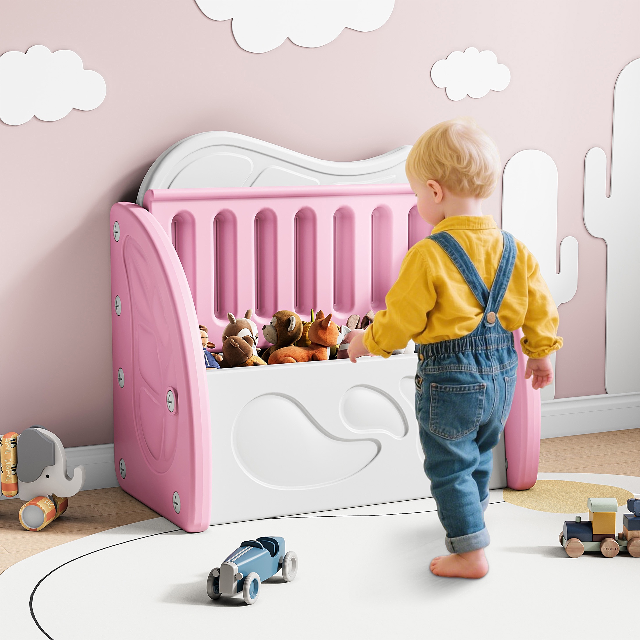 SESSLIFE Toy Box for Boys Girls, Plastic Kids Storage Organizer with Storage Bench and Leaf Backrest, Modern Toy Chest for Living Room, Toddler Room, Bedroom, Support 176 lbs, Pink/Light Grey
