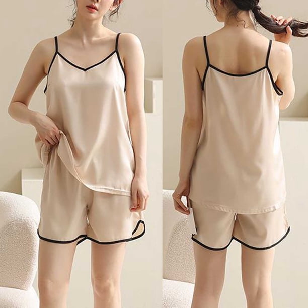 Karight Sleepwear for Womens Straps Tank Top Shorts 2 Piece Pajamas Lace Faux Silk Nightgowns Plain Match Thin Pjs Sets