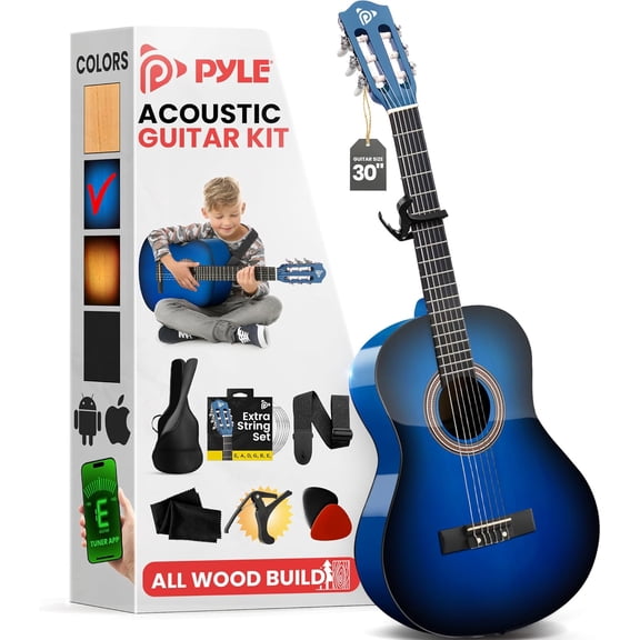 Pyle Classical Guitar Starter Kit, 30" 1/4 Size All-Wood Nylon String Guitar for Beginners, Includes Capo, Gig Bag, Strap, Picks & Strings, Blue Gloss