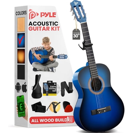 Pyle Classical Guitar Starter Kit 30 1/4 Size All-Wood Nylon String Guitar for Beginners Includes Capo Gig Bag Strap Picks & Strings Blue Gloss