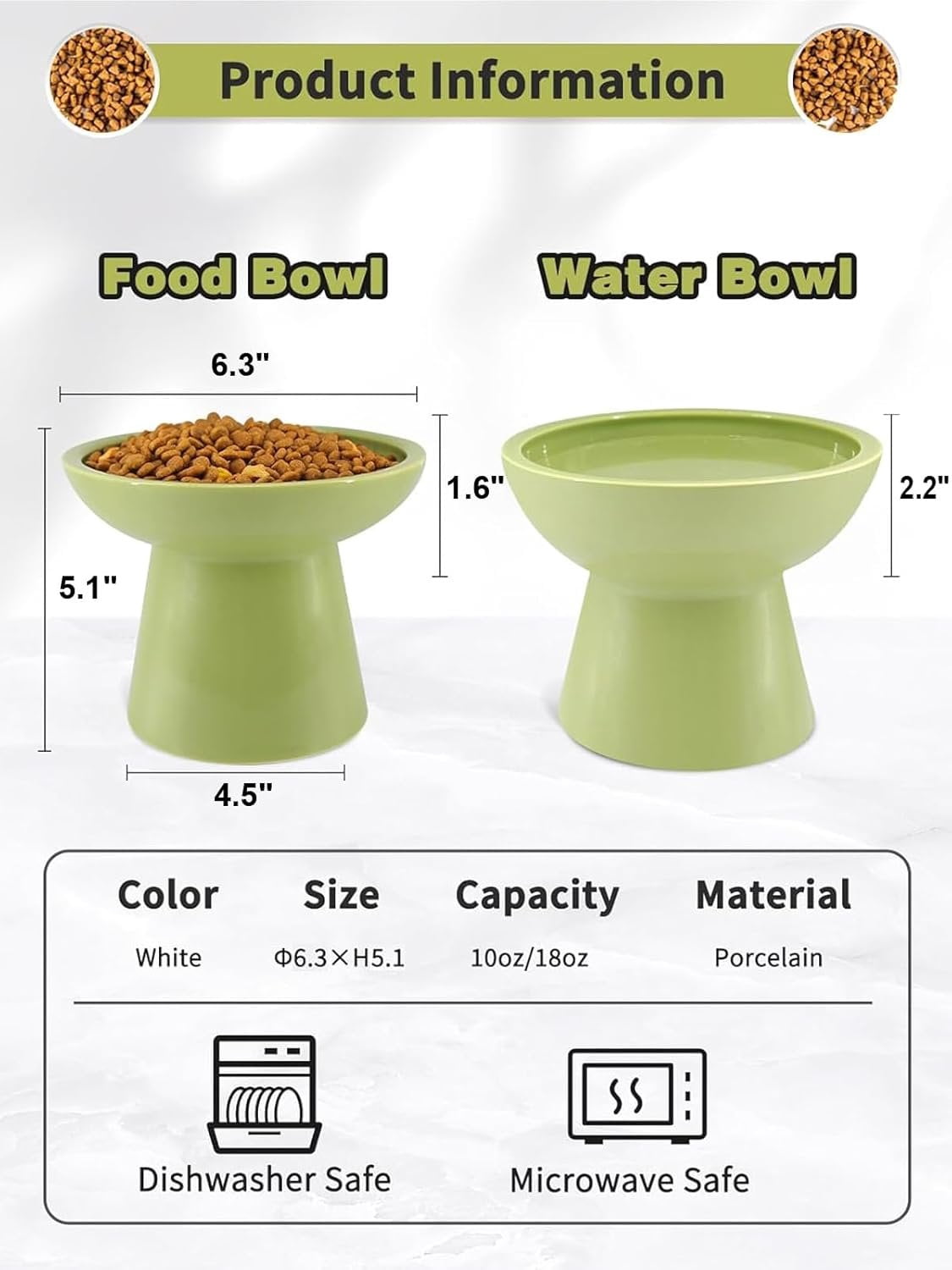 Elevated Green  Bowls Set - Wide Raised Ceramic Feeder, Anti-Vomit -Free Bowl for Kittens to Adult Cats