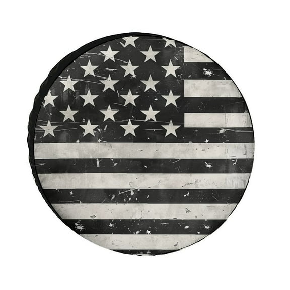 Black White Vintage American Flag Camper Spare Tire Cover Independence Day 4th of July Protectors Weatherproof Dust-Proof Fit for Trailers SUV Off-Road Vehicle Camper And Trucks 12 Inch