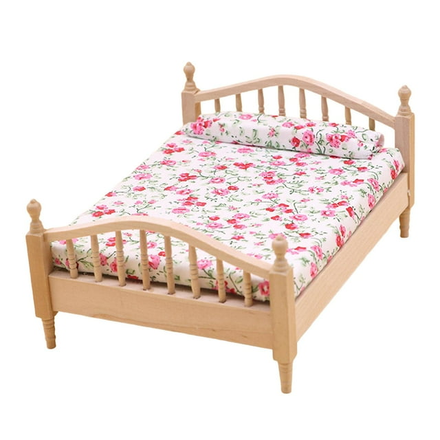 Accesorios de escena de bricolaje de cama de madera en miniatura Accesorios de decoración de casa de muñecas para Color Madera y Rosa