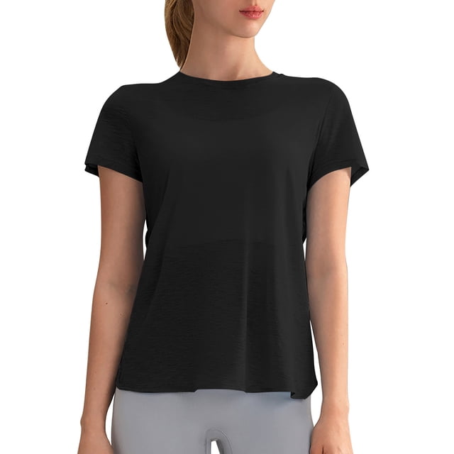 Camiseta holgada con corte en la espalda para mujer: cuello redondo, manga corta, poliéster, para yoga/deporte (tallas S-XL)