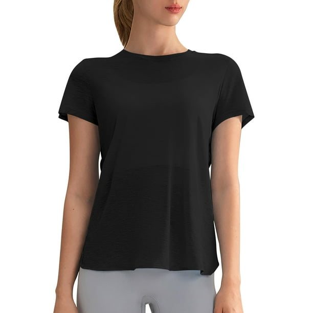 Camiseta holgada con corte en la espalda para mujer: cuello redondo, manga corta, poliéster, para yoga/deporte (tallas S-XL)