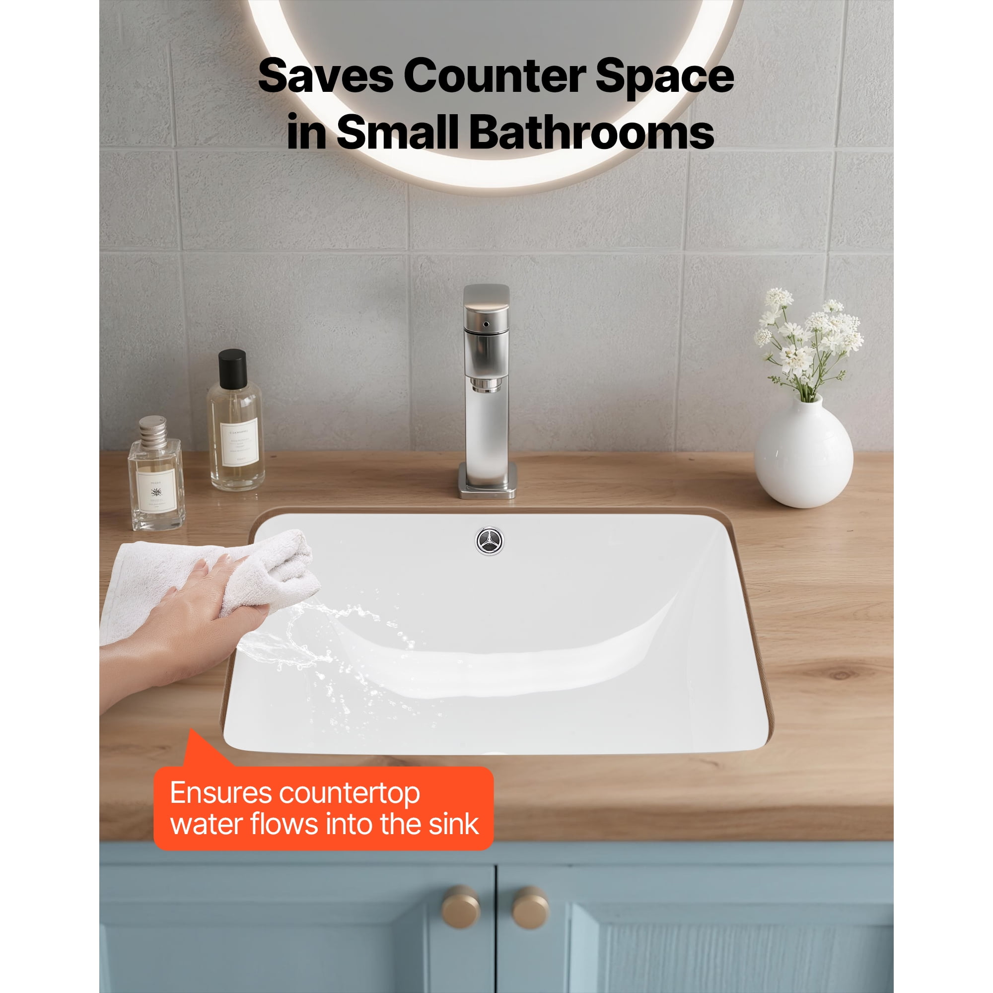 KFFKFF Rectangular Undermount Bathroom Sink, 20.28 x 15.16 Inch White Ceramic Basin with Overflow, Modern Under-Counter Vanity Wash Bowl for Compact Spaces