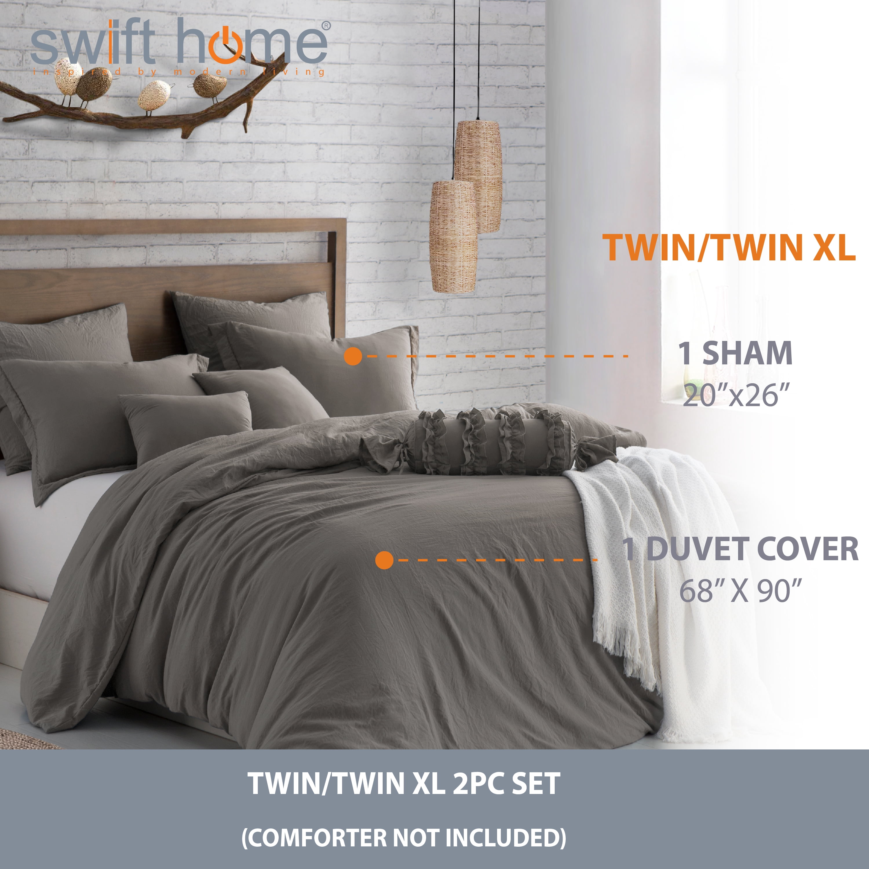 Swift Home Ultra Soft Crinkled Texture Pre-Washed Duvet Cover & Sham Set (Comforter not Included), Twin/Twin XL (68"x 90"), Driftwood