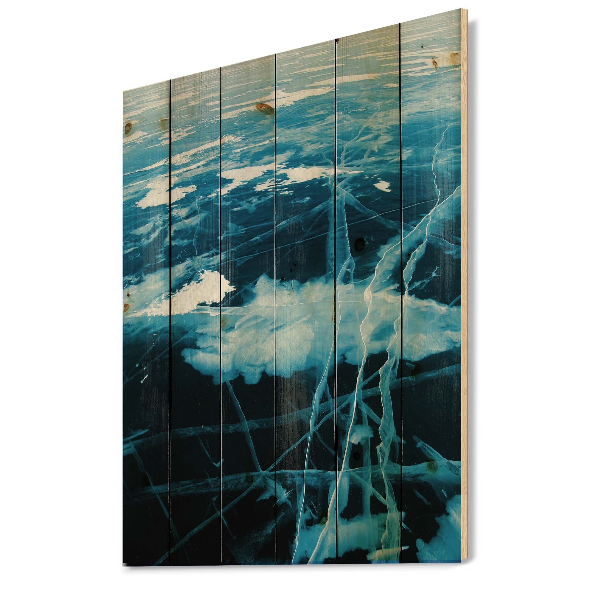 Designart 'White and Blue Ice Structure I' Modern Print on Natural Pine Wood