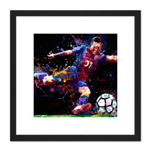 Football Soccer Action Shot Penalty Kick Goal Abstract Sport Painting Square Wooden Framed Wall Art Print Picture 8X8 Inch