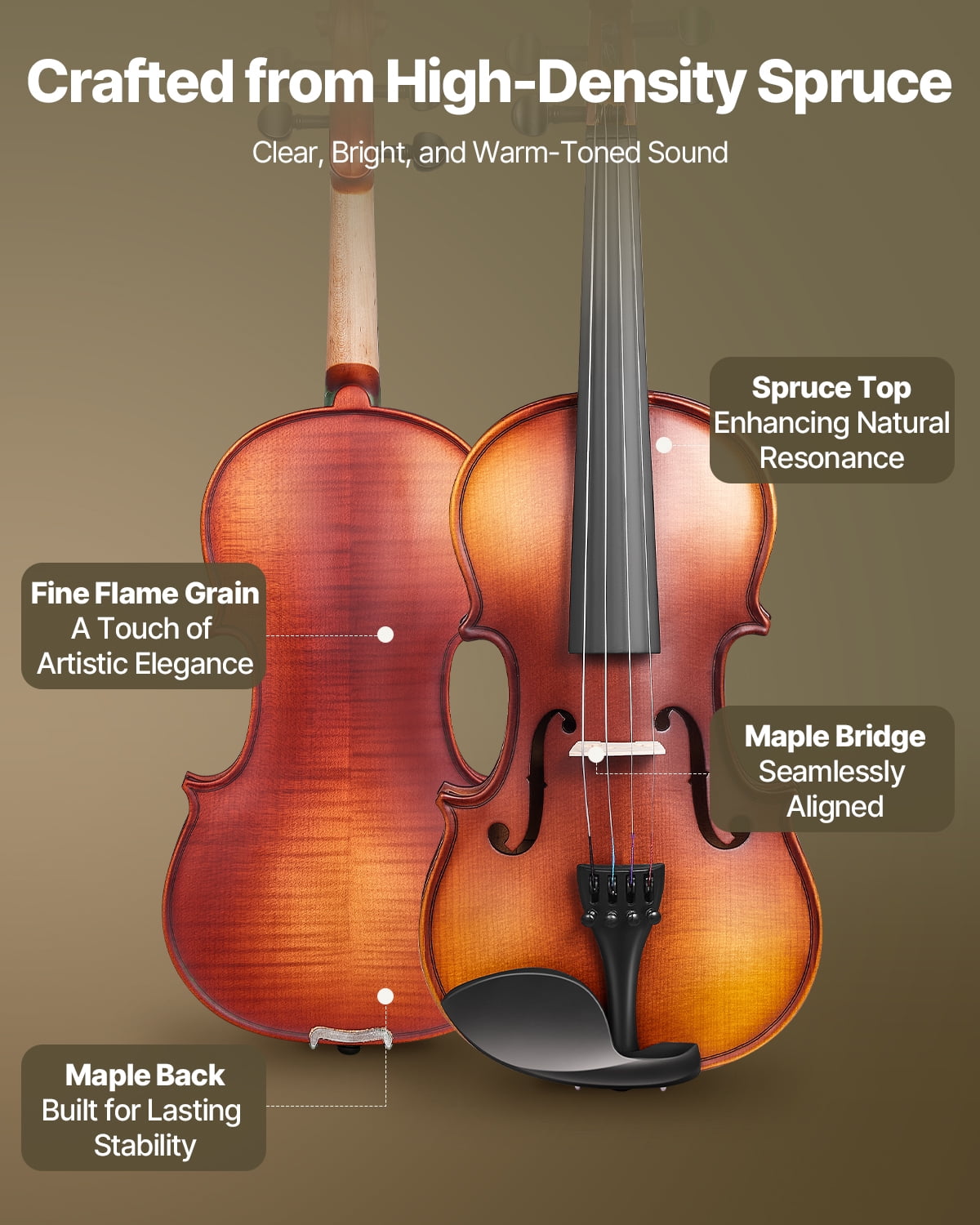 VEVOR Violin 4/4 Full Size for Adults, Violin Fiddle Set for Beginners Student with Hard Case, Rosin, Bow, Shoulder Rest,Bridge,Extra Strings,Professional Solidwood Instrument