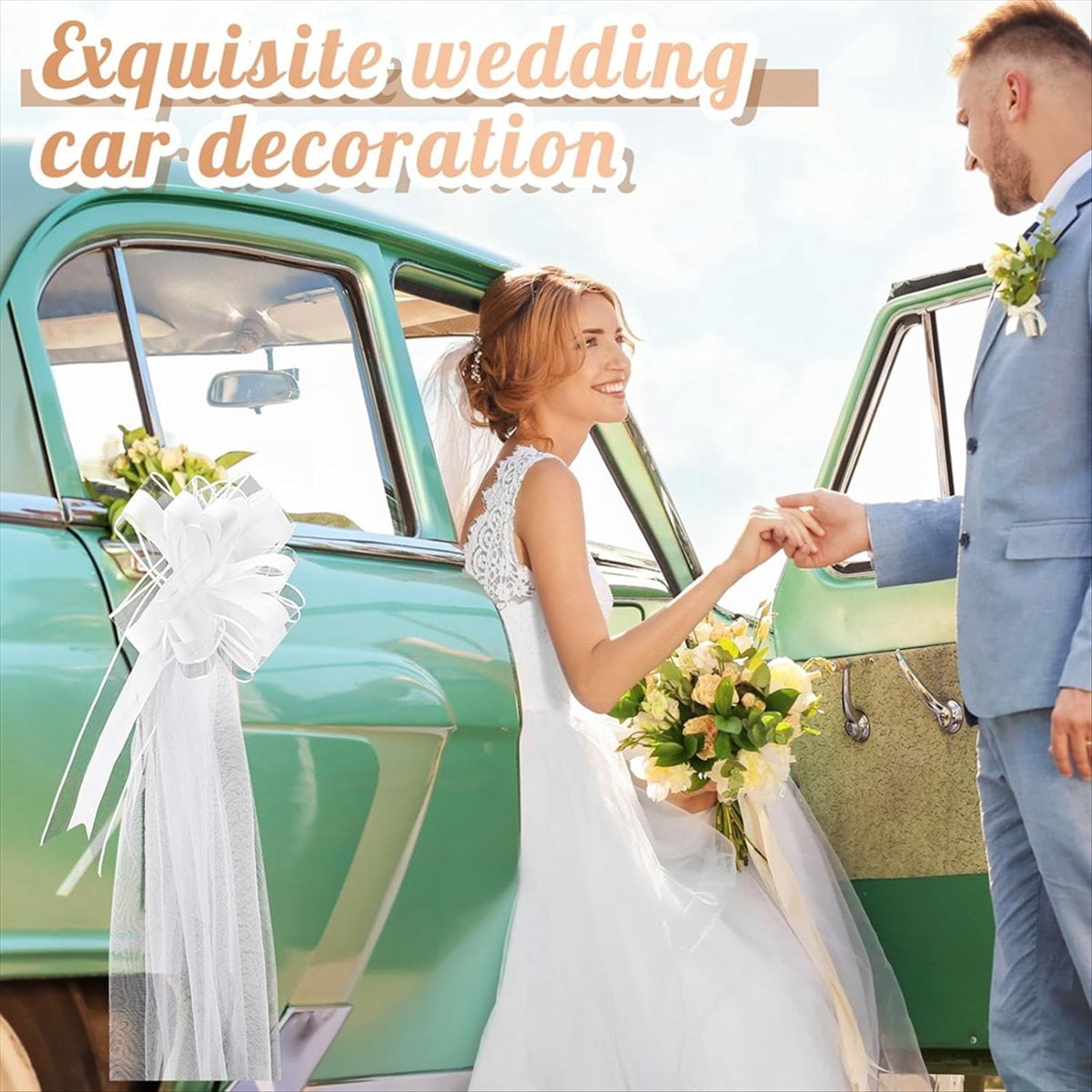 Large White Wedding Pew Bows with Long Tulle Chair Aisle Decorations Car Decoration