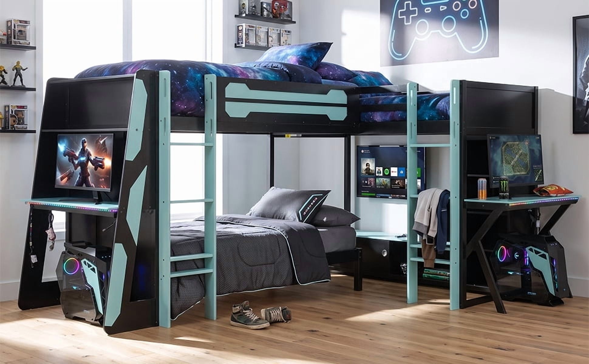 Mintazer L-Shaped Triple Twin Gaming Bunk Bed with 2 Gaming Desks & RGB LED Lights, Triple Bed Frame with USB Charging, TV Stand & Storage Shelves for Bedroom, Black & Green