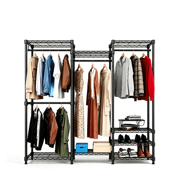 3-in-1 Wire Shelving Garment Rack, Large Capacity Clothes Storage Organizer with Adjustable Shelves, Sturdy Steel Frame, 520LBS Load, Ideal for Bedroom Closet Entryway Laundry Room