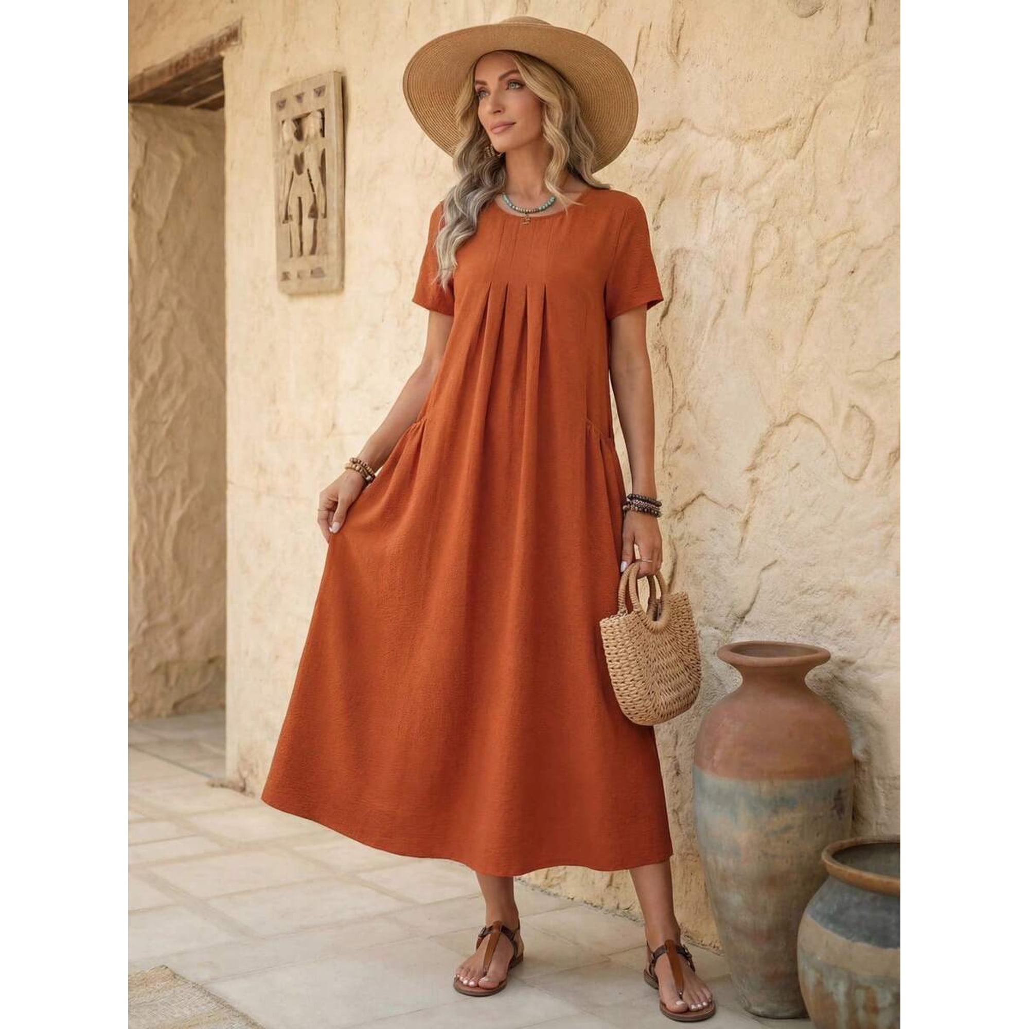 Rust Brown Womens Relaxed Fit Midi Dress With Pockets, Bohemian Casual Summer Style