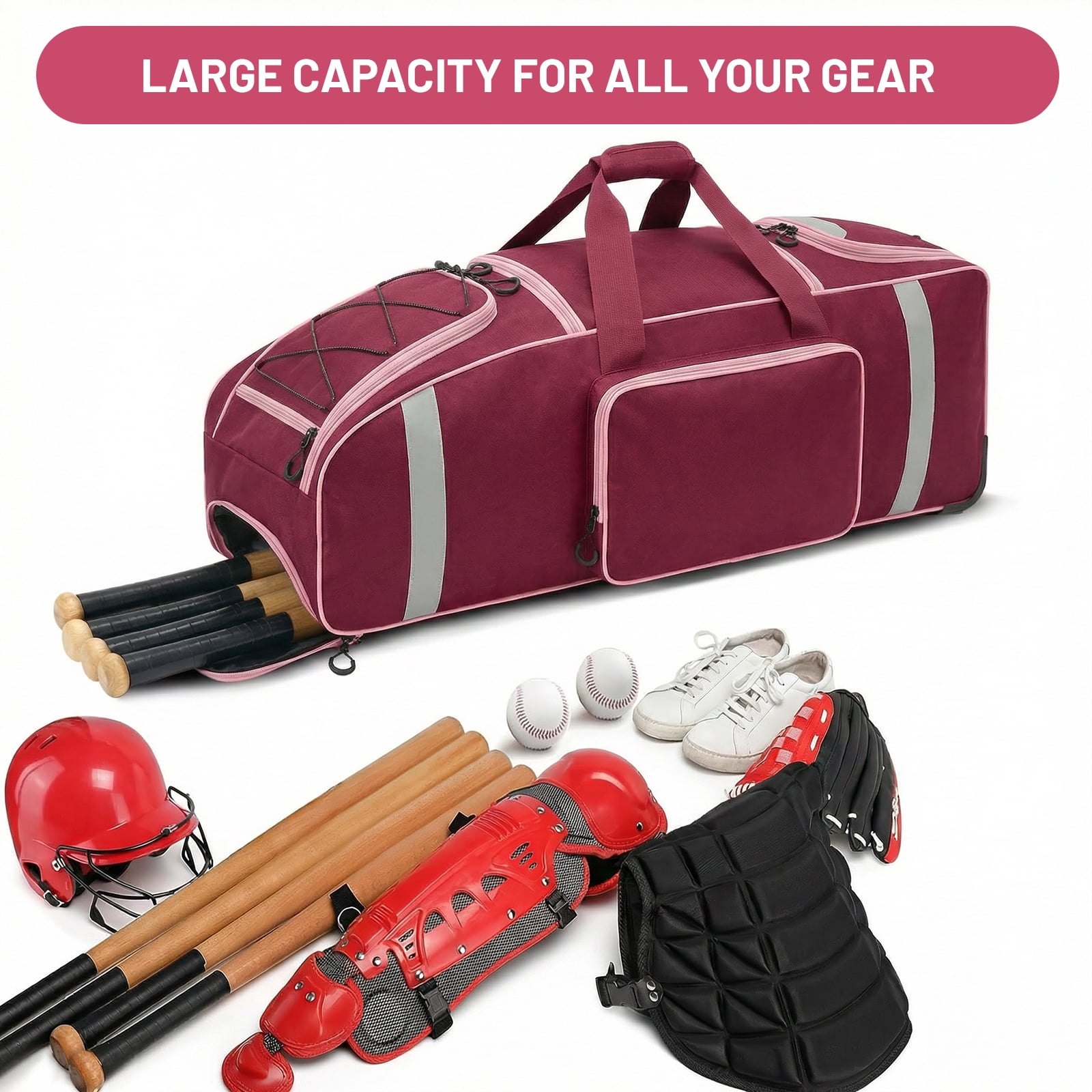 Fegat Large Catcher Gear Bag With Wheels, Soft Rolling Baseball Bag for 4 Bats, Portable Baseball Catcher Bag With Wheels, Multi-Pockets, Fence Hook, Holds All Softball Baseball Equipment
