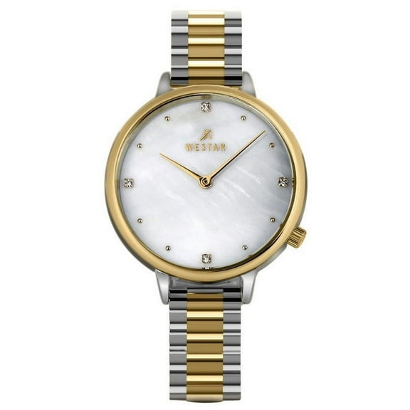 Westar Zing Crystal Accents Two Tone Stainless Steel White Mother Of Pearl Dial Quartz 00135CBN111 Women's Watch