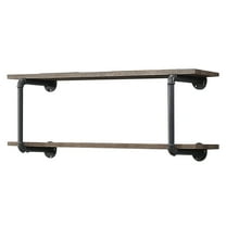 JERFIT Industrial Wall Shelf 2-Tier Rustic Wood Floating Shelves with Metal Pipe Frame for Living Room, Kitchen, Bathroom