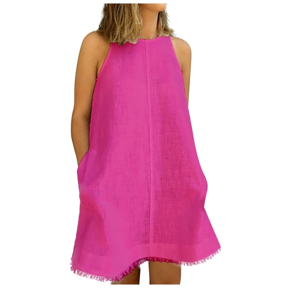 Dianli Sundresses for Women Plus Size Casual Solid Cotton Linen Tank Mini Dresses with Pocket Formal Round Neck Sleeveless Plain Short Summer Dress Hot Pink l