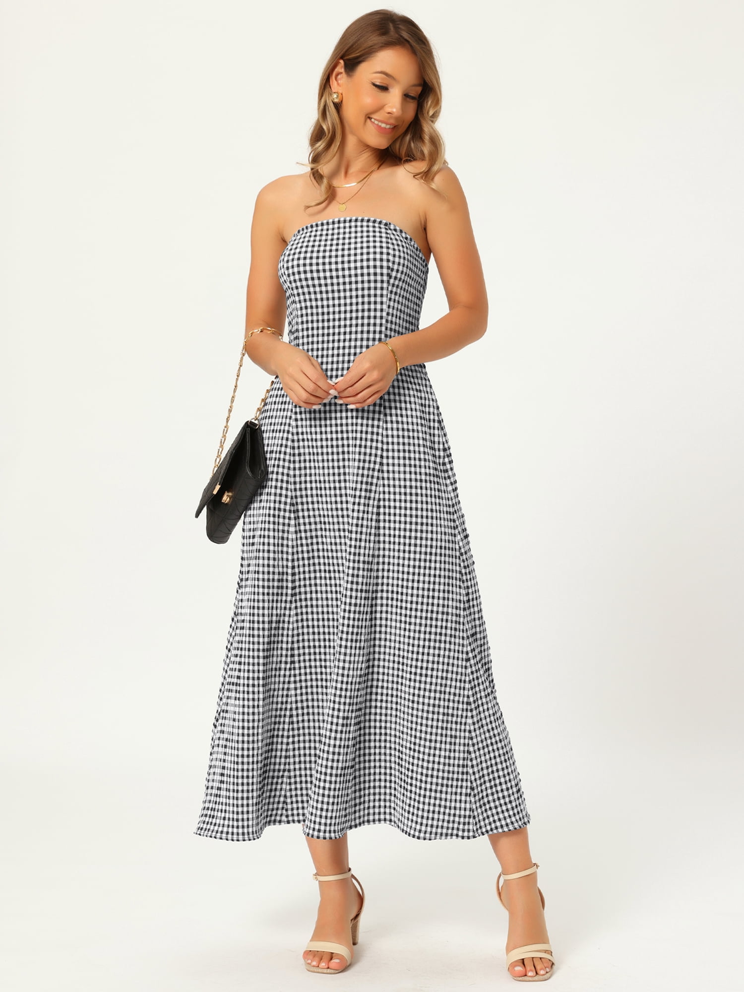 DARING DIVA Women's Gingham Strapless Maxi Summer Casual Sundress S Black