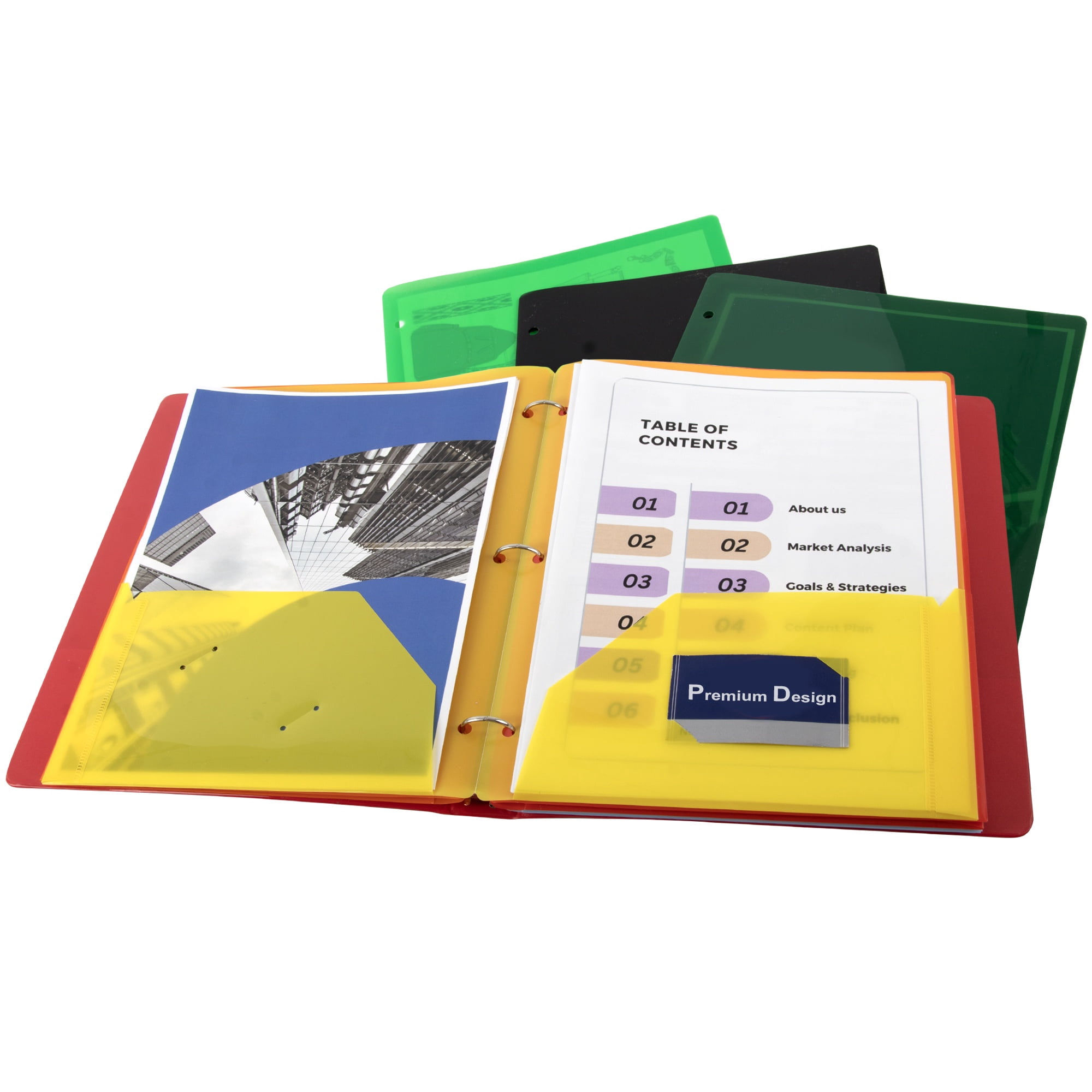 100 Pack Two Pocket Plastic Translucent 3-Ring Hole Punch Folders, 11.5”L x 9.5”W for Filing / Storing Paper Work, Assorted Colors