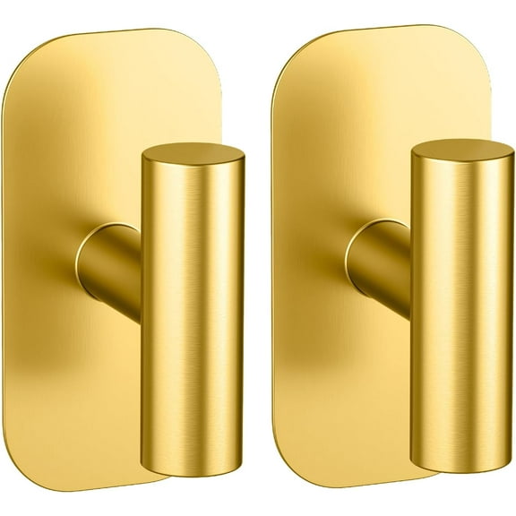 Adhesive Towel Hooks for Shower,Waterproof Heavy Duty Bathroom Hooks,Wall Mounted Sticky Hangers for Coats/Aprons/Robes,No Drilling(Gold,2 Pack)