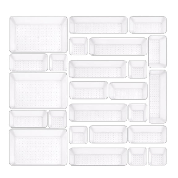 Buanson 25 PCS Plastic Drawer Organizers Set, 4-Size Versatile Bathroom & Vanity Drawer Organizer Trays, Storage Bins for Makeup,Kitchen & Office (Clear)