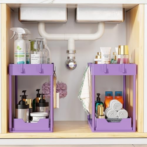 Under Sink Organizer 2 Pack, Sink Pull-Out Sliding Storage Cabinet, 2-Tier Under Shelf Organizer for Kitchen Bathroom, Purple