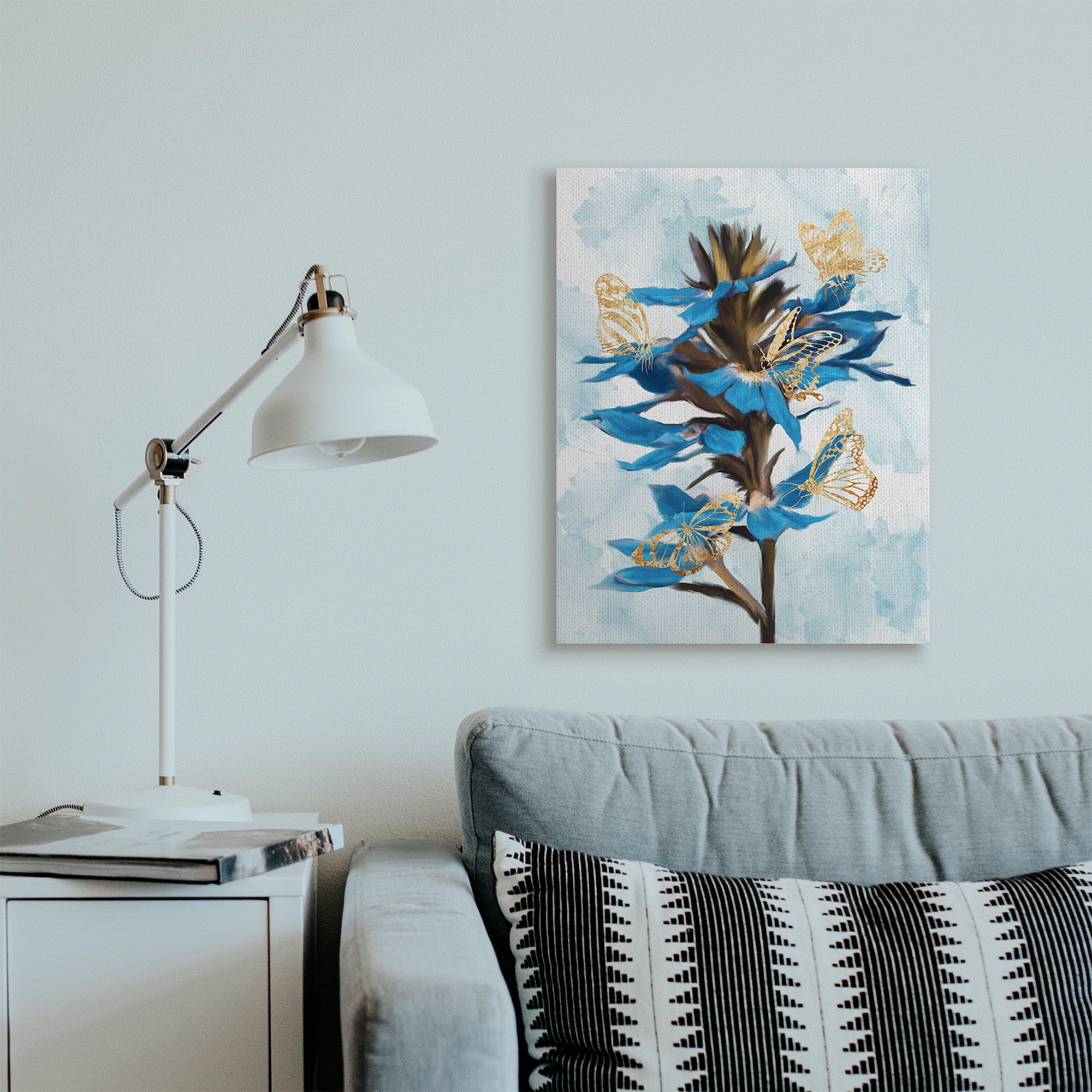 Stupell Industries Blue Tropical Floral Blooming Gold Butterfly Outlines Botanical & Floral Painting Gallery Wrapped Canvas Art Print Wall Art, 24 x 30