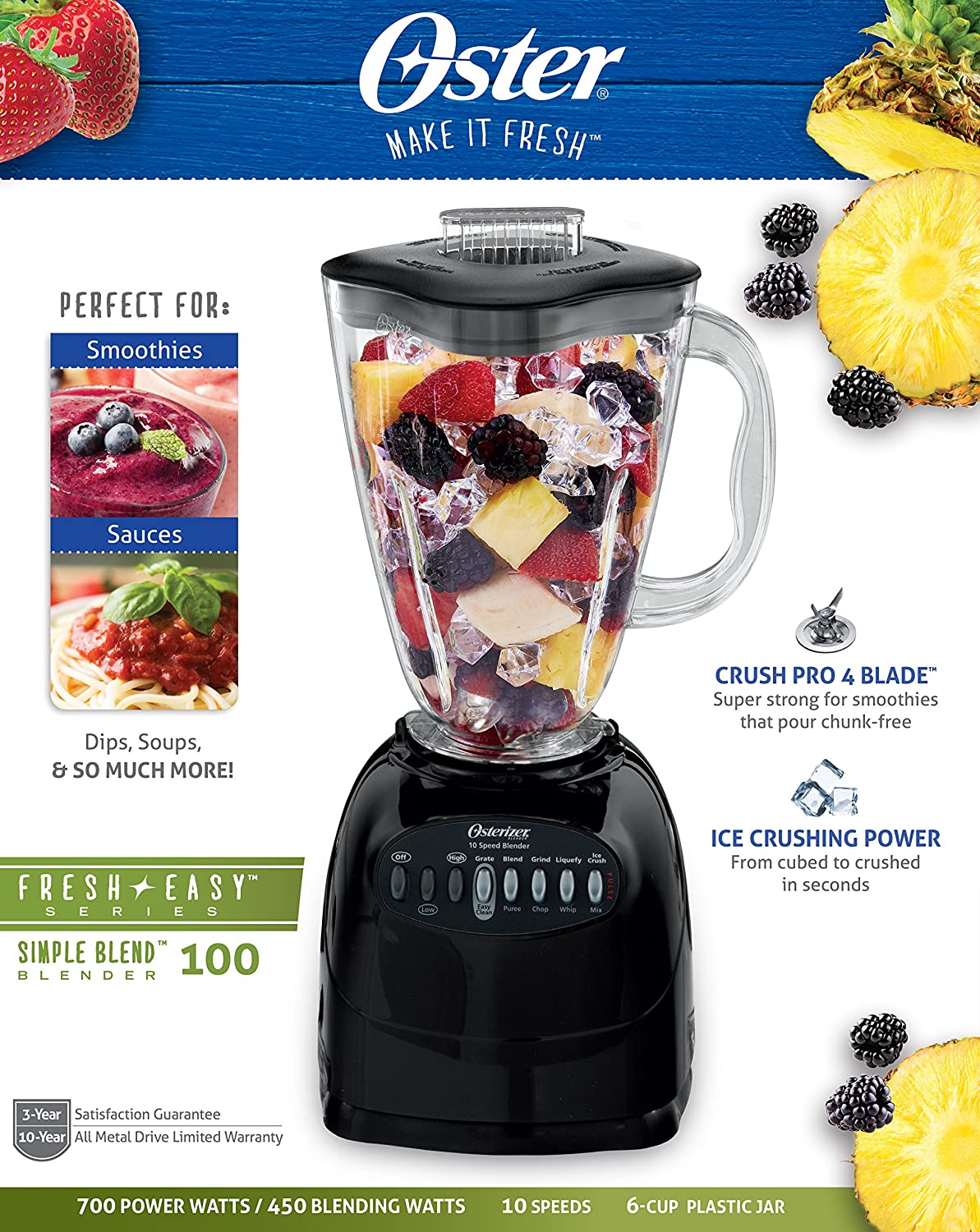 Oster 6706 Table Top Blender, 450W, 10-Speed, 6-Cup, Black