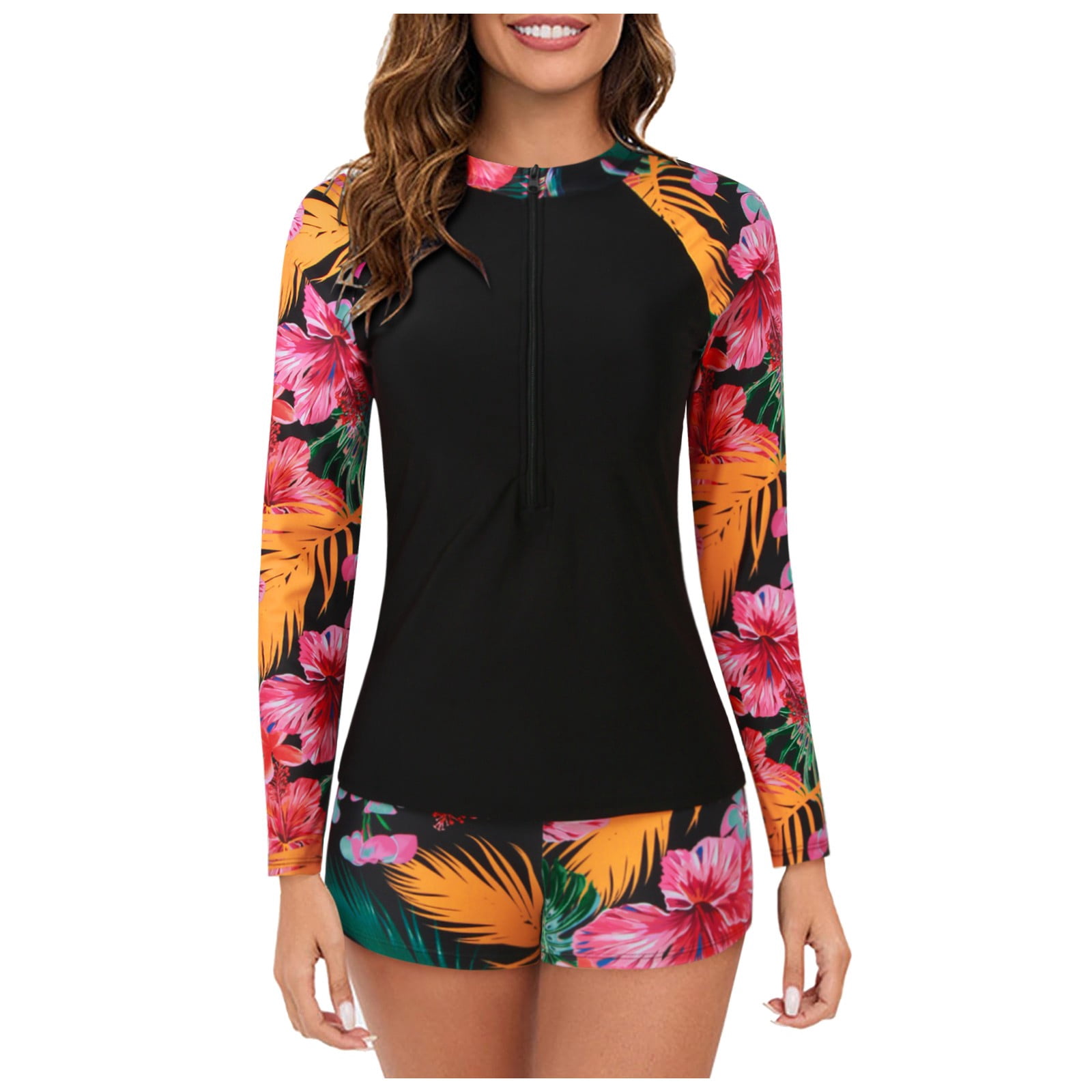 CHENge Women's Print Half-Zip Rash Guard, Long Sleeve Two-Piece