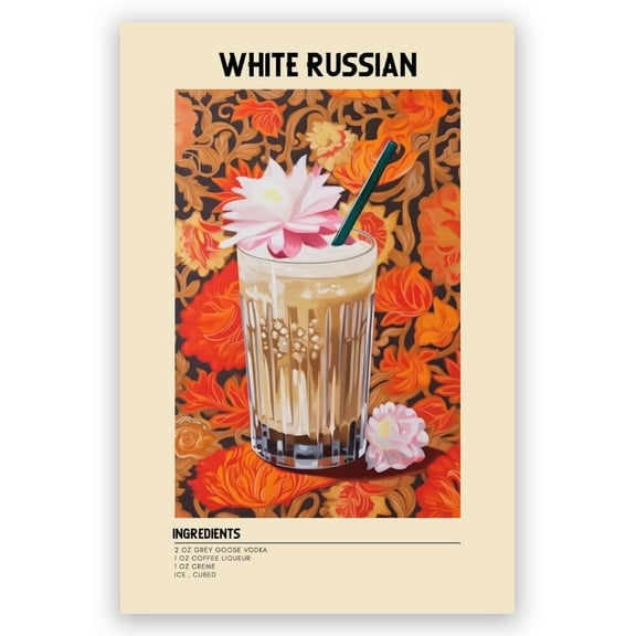 White Russian Old Fashioned Cocktail Print Poster Retro Classic Cocktail Canvas Wall Art Vintage Alcohol Whiskey Pictures for Wall Decor Kitchen Home Bar Cart Club Decor