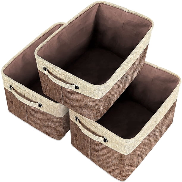 Juego de 3 cestas de almacenamiento de tela plegables, caja de almacenamiento de yute con asa de transporte de algodón, para ropa, ropa interior, libros, juguetes, cesta de oficina, marrón y beige