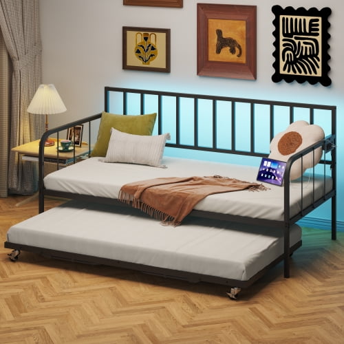 Twin Daybed with Trundle Metal Frame, Space Saving Sofa Bed with Heavy Duty Slats Support, No Box Spring Needed for Living Room Bedroom Guest Room, Black