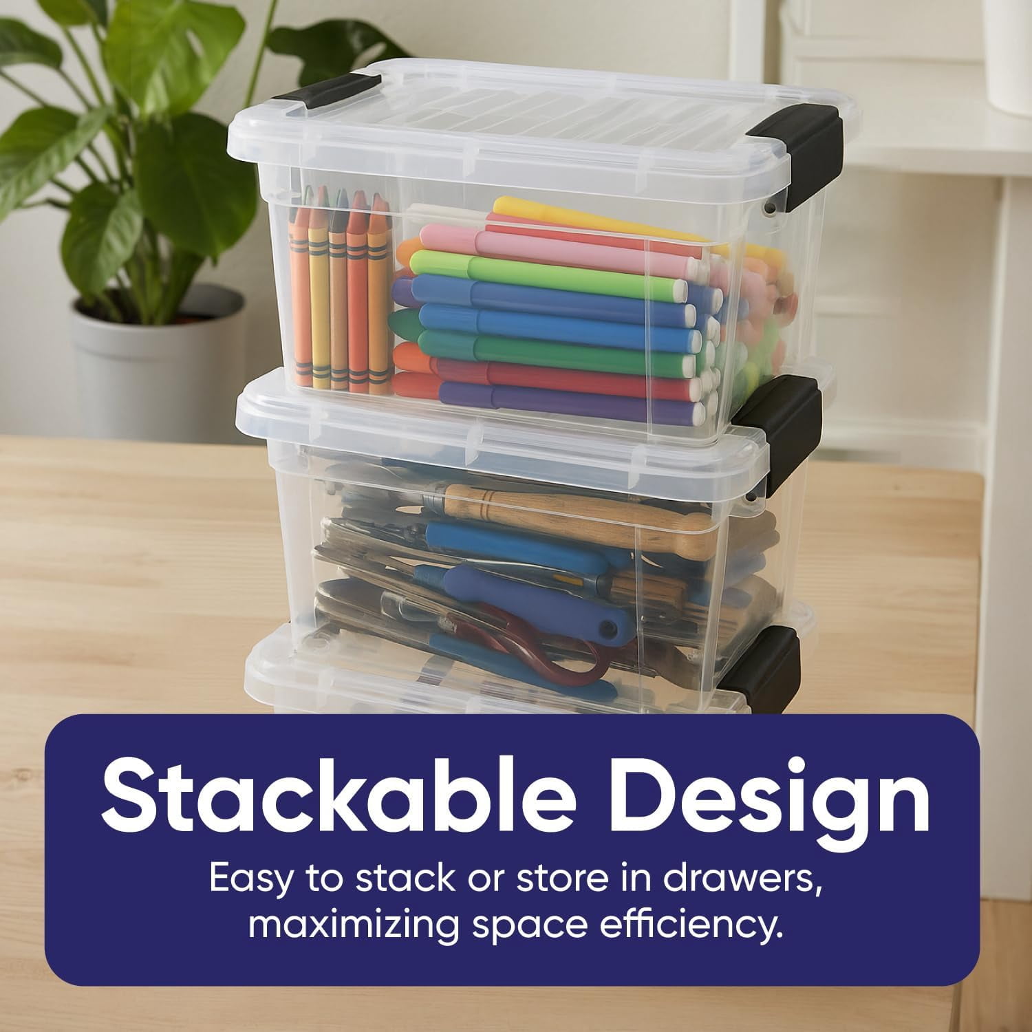 MHSIOAP-Mini Storage Container Plastic Crayon Box Art Supplies and Sewing Case Stackable Clear Small Organizer for Beads, Stationery, Chalk, and Food, 1.4 Quart, 6 Pack