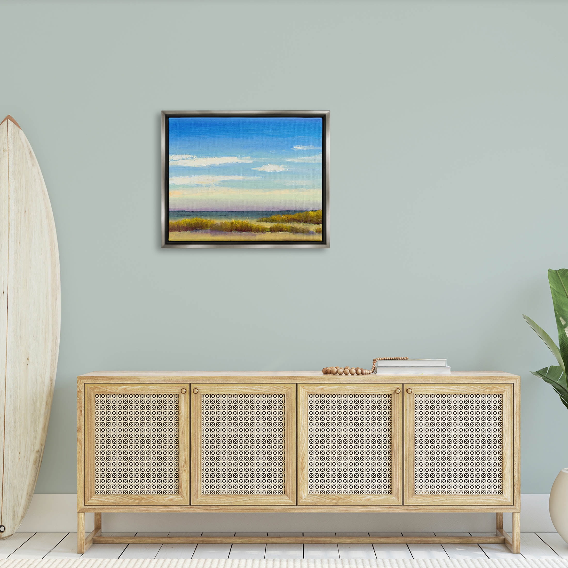 Coastal Beach Vivid Blue Sky Coastal Painting Luster Gray Framed Art Print Wall Art