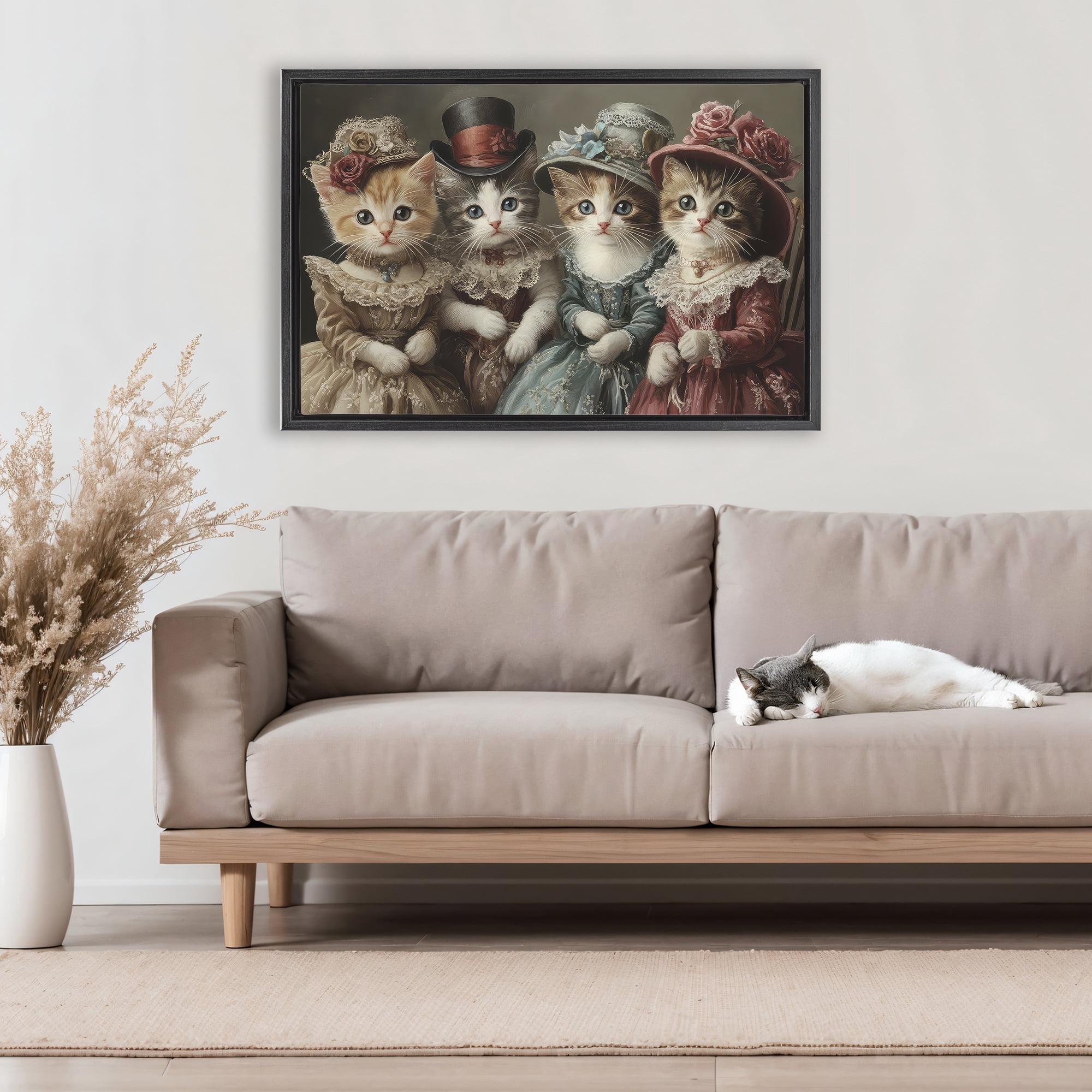 Stupell Industries Vintage Dress Kittens Black Framed Floater Canvas Wall Art, design by The Wands Want