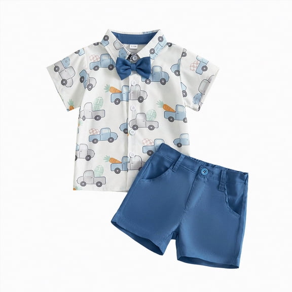 HCNTES Toddler Baby Boy Easter Outfits Adorable Carrot Truck Print Shirt, Shorts and Bow Tie 3 Piece Set