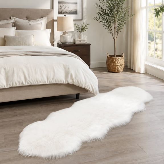 White Faux Sheepskin Shag Fur Runner Rug 2x6 Fluffy Washable Furry Area Rug for Living Room Bedroom Nursery Teen Room Décor