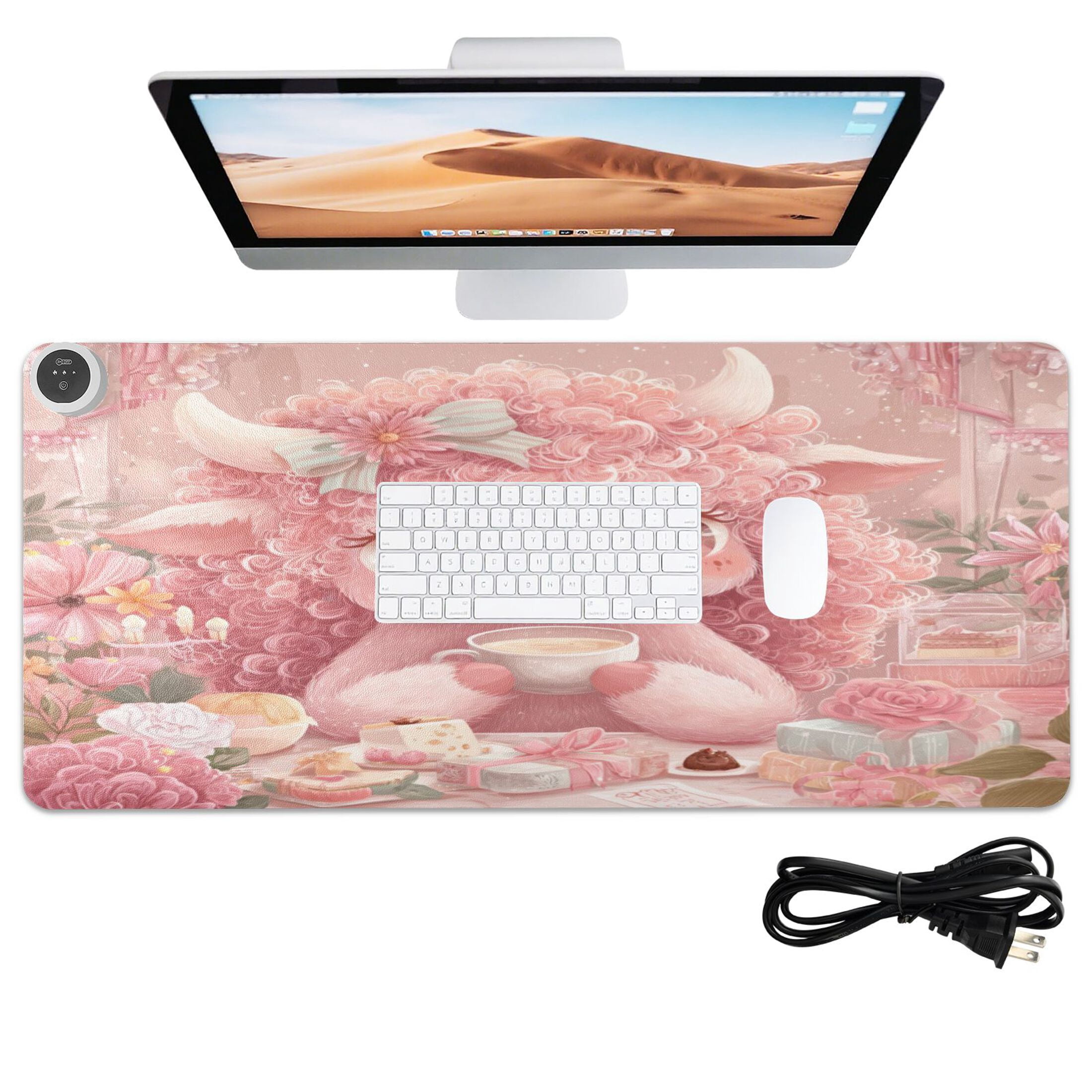 Large Heated Desk Mat Mouse Pad 31.5"x13"PU Leather Graphene Heating Desk Warmer with 3 Temperature Settings 110V US Plug Non-Slip Warm Pad for Home, Office, and Gaming Cute Little Pink Cow