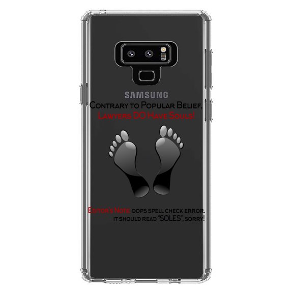 DistinctInk Clear Shockproof Hybrid Case for Samsung Galaxy Note 9 - TPU Bumper Acrylic Back Tempered Glass Screen Protector - Lawyers DO Have Souls Oops Soles