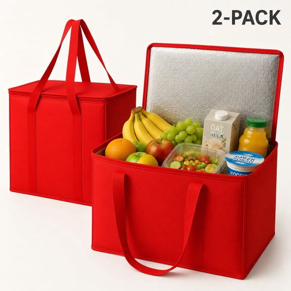 2 Pack Foldable Reusable Shopping Bags, Insulated Shopping Bag, Cooler Bag, Insulated Tote, Zippered Insulated Grocery Bags, XL Heavy Duty Collapsible Thermal Tote