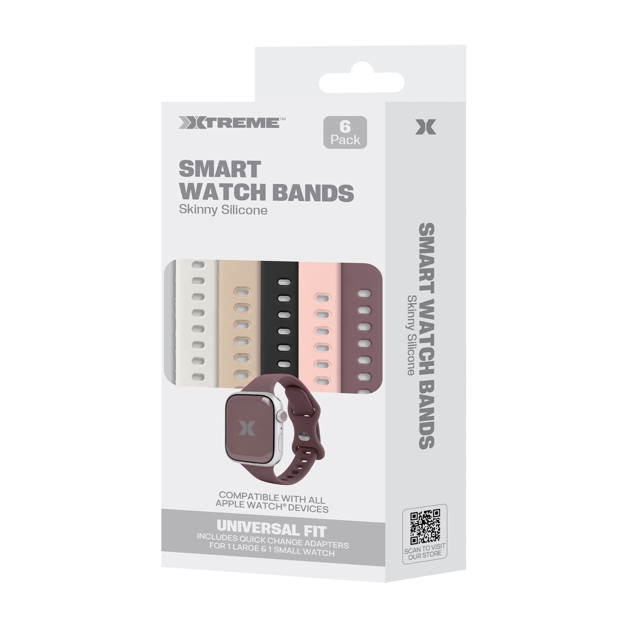 Xtreme 6-Pack Skinny Silicone Bands for Apple Watch Series 1-10 and Ultra 2, Slim Adjustable Smart Watch Bands, Assorted Neutral Colors
