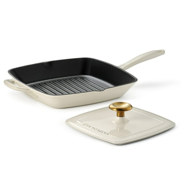 Tramontina Bestow 11-Inch Enameled Cast Iron Grill Pan with Lid, Latte with Gold Knob, Oven-Safe
