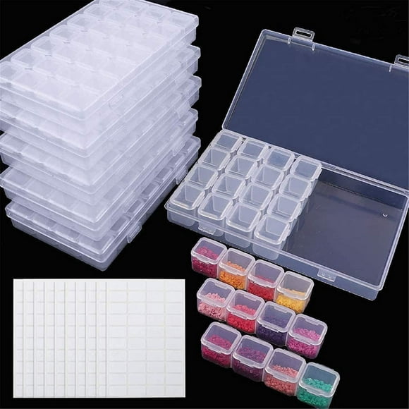 Diamond Painting Boxes (6 Pack, 168 Slots, 28 Grids) with 400pcs Label Stickers for DIY Art Craft, Nail Diamonds, Bead Storage.