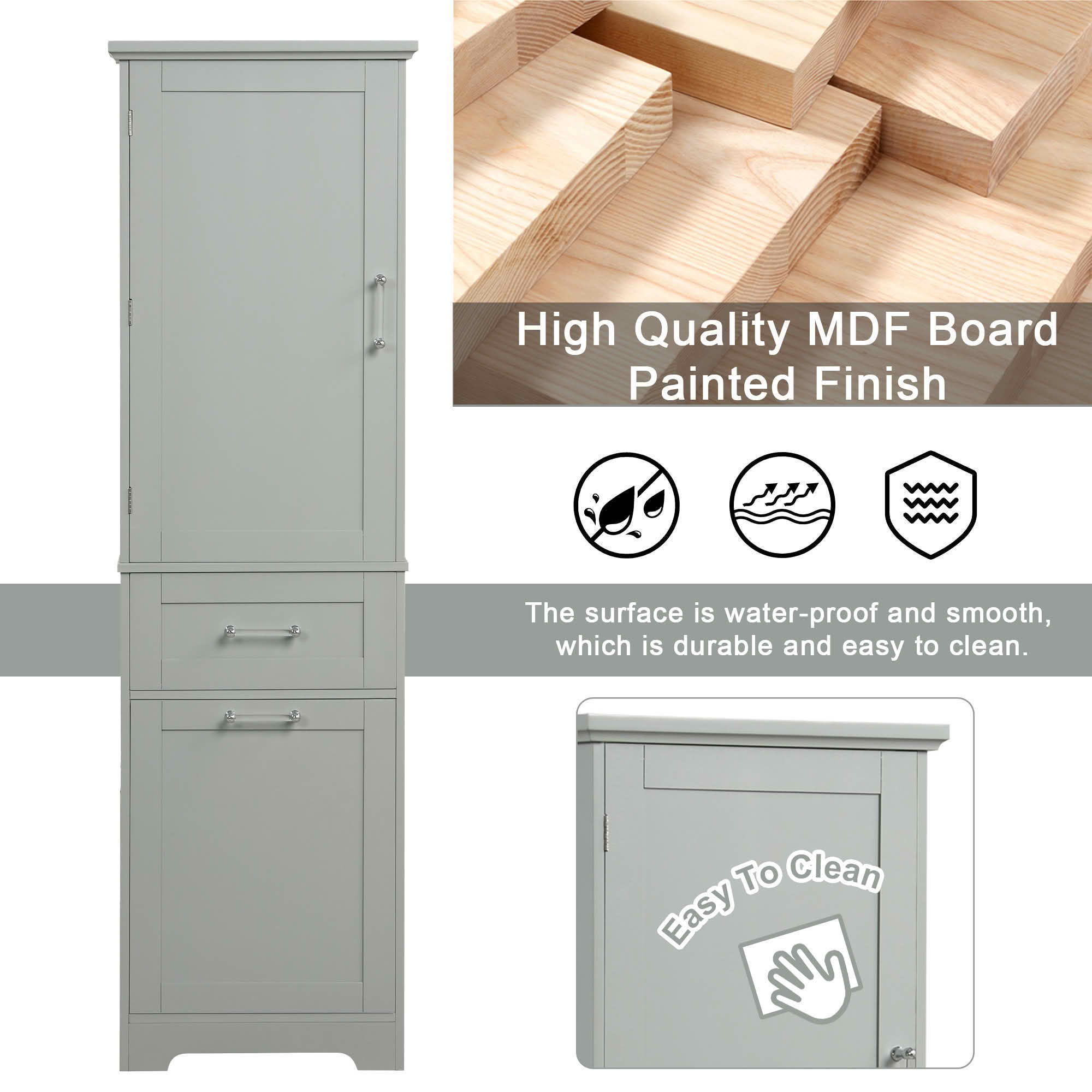 MAYEERTY Tall Bathroom Cabinet 2 Size Drawers Adjustable Shelf MDF Painted Gray