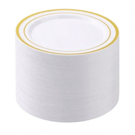 100PCS White Plastic Plates for Party 10.25 Inch Disposable Plates with Gold Rim Heavy Duty Dinner Plates for Christmas Party Wedding and Birthday