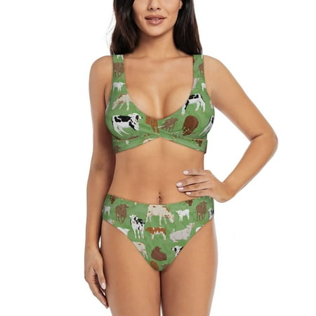 Zeuib Cows And Calves High Waisted Tummy Control Bikini Set - Knot Front Push Up Top & Cheeky Thong Bottom  Two-Piece Swimsuit for Women-X-Large