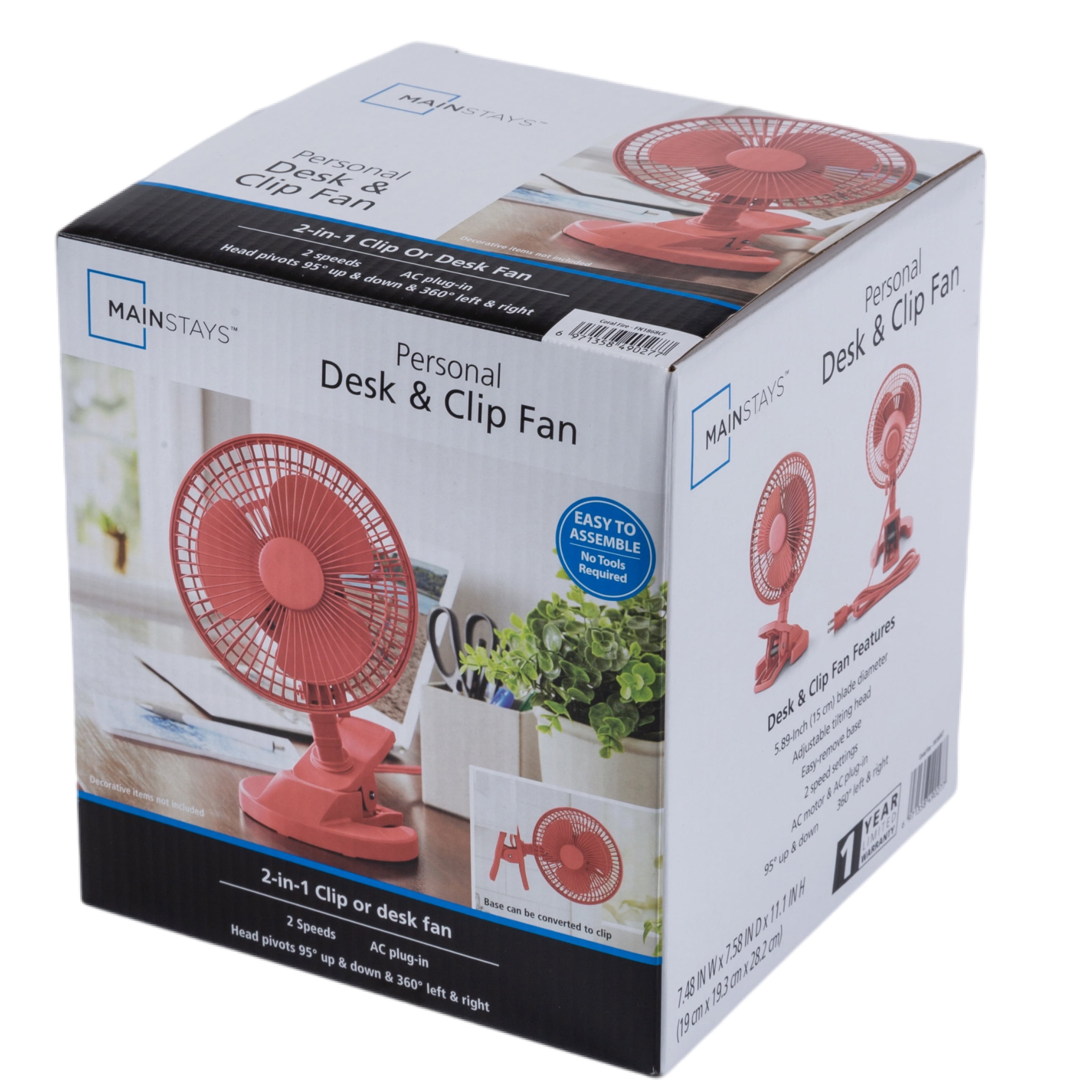 Mainstays 6" Desktop, Clip AC Electric Household Personal Fan With 2 Speed Coral Fire