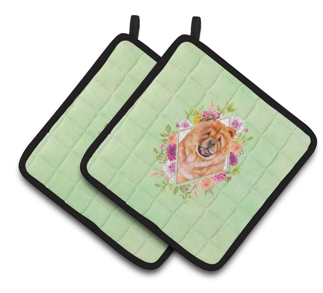 Chow Chow #1 Green Flowers Pair of Pot Holders